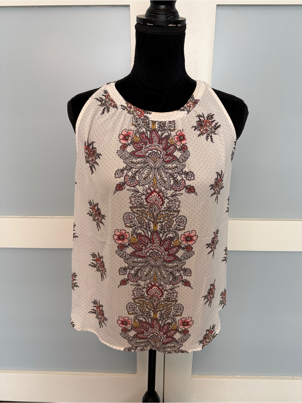 LOFT White Floral Halter Tank with Pink and Red Accents